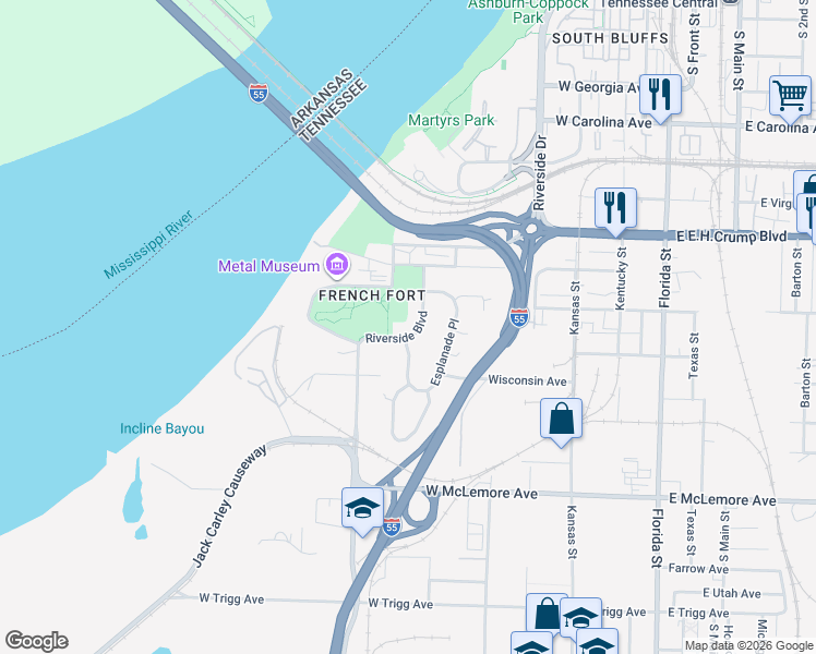map of restaurants, bars, coffee shops, grocery stores, and more near 986 Esplanade Place in Memphis