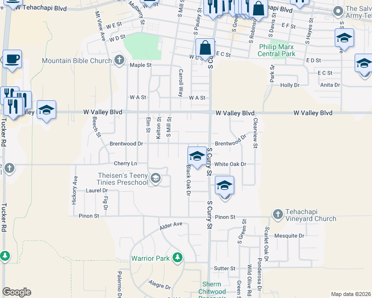 map of restaurants, bars, coffee shops, grocery stores, and more near 903 Black Oak Drive in Tehachapi