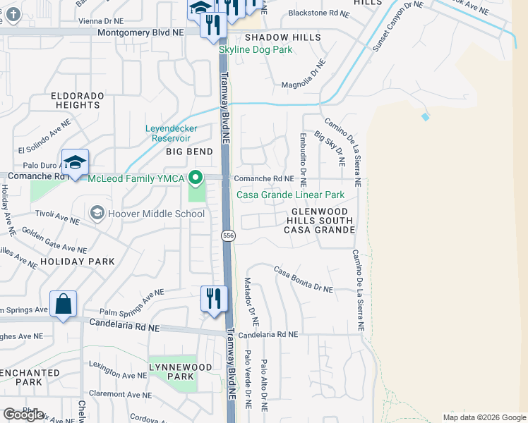 map of restaurants, bars, coffee shops, grocery stores, and more near 84 Pheasant Hill Drive in Albuquerque