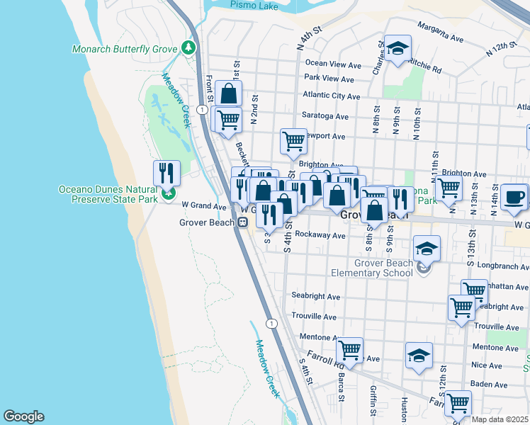map of restaurants, bars, coffee shops, grocery stores, and more near 280 West Grand Avenue in Grover Beach