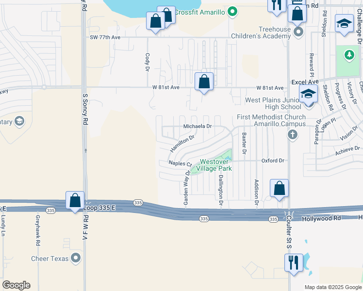 map of restaurants, bars, coffee shops, grocery stores, and more near 8421 Hamilton Drive in Amarillo