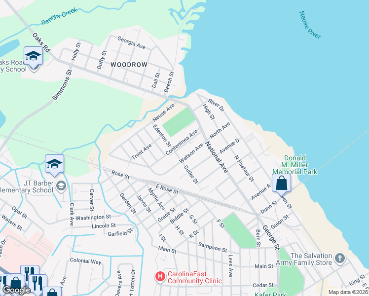 map of restaurants, bars, coffee shops, grocery stores, and more near 517 Watson Avenue in New Bern