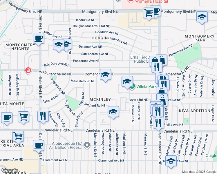 map of restaurants, bars, coffee shops, grocery stores, and more near 4500 Comanche Road Northeast in Albuquerque