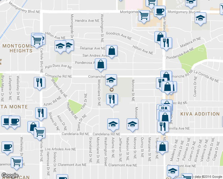 map of restaurants, bars, coffee shops, grocery stores, and more near 4500 Comanche Road Northeast in Albuquerque