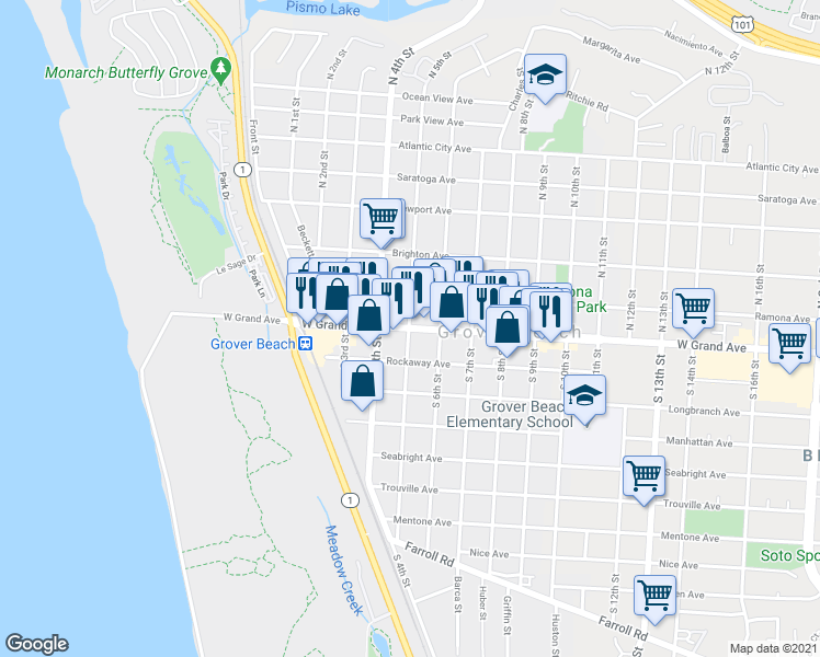 map of restaurants, bars, coffee shops, grocery stores, and more near West Grand Avenue & North 5th Street in Grover Beach