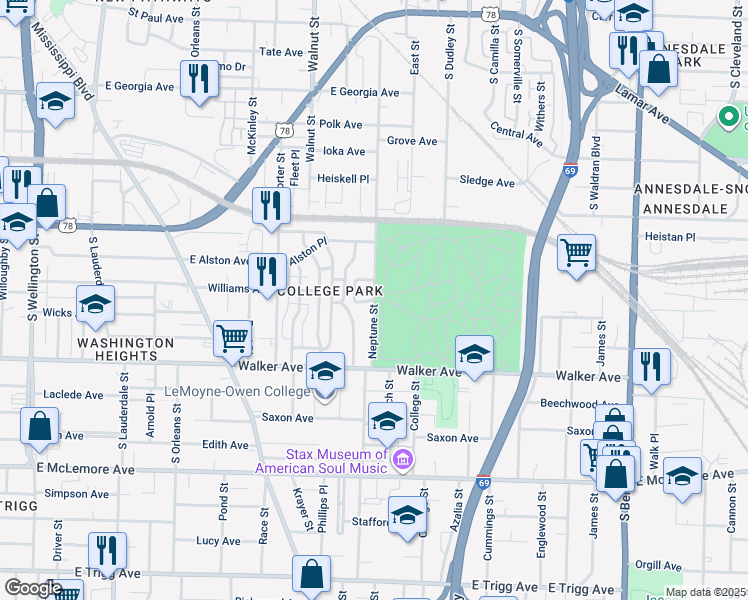 map of restaurants, bars, coffee shops, grocery stores, and more near Neptune Street in Memphis