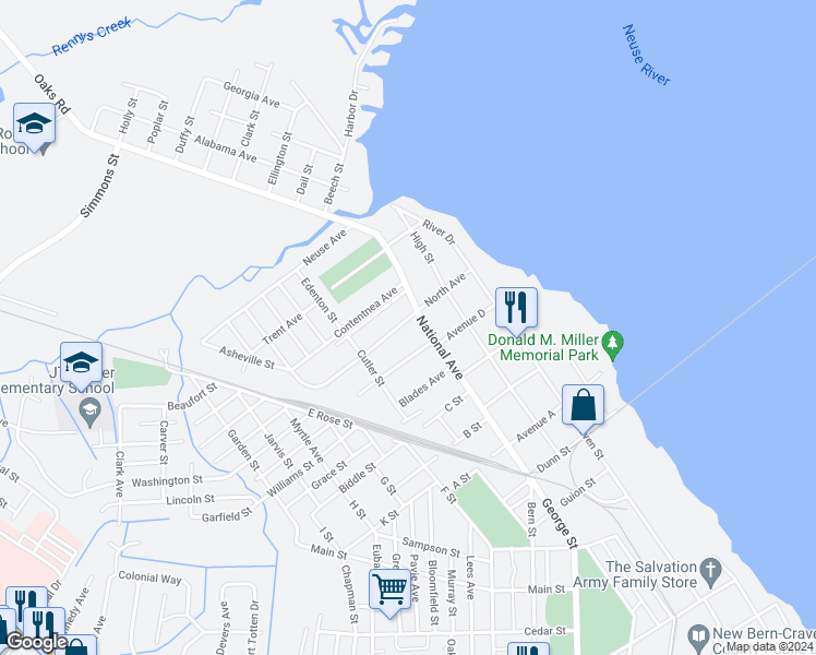 map of restaurants, bars, coffee shops, grocery stores, and more near 505 Watson Avenue in New Bern