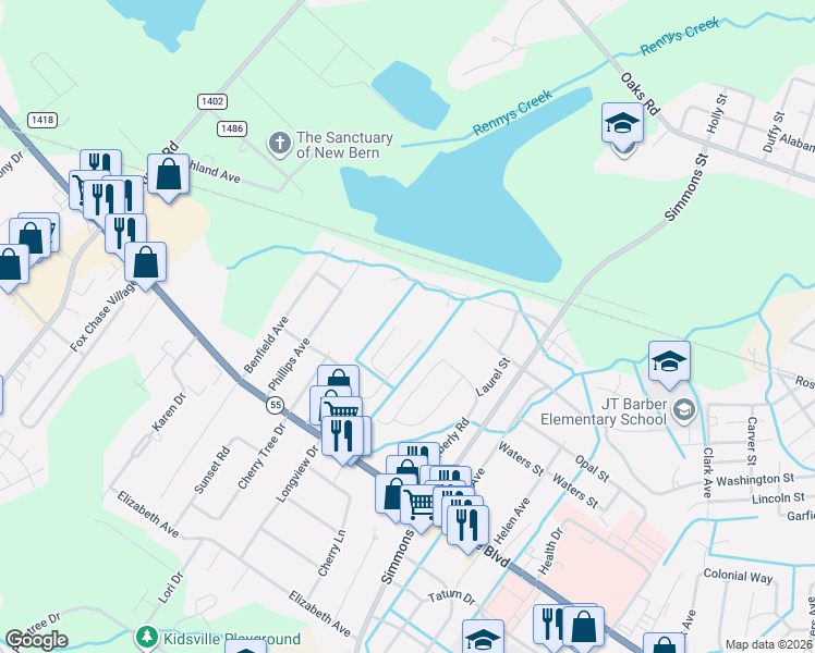 map of restaurants, bars, coffee shops, grocery stores, and more near 118 Sweetbriar Court in New Bern