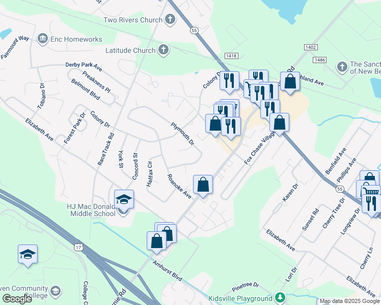 map of restaurants, bars, coffee shops, grocery stores, and more near 1002 Albemarle Court in New Bern