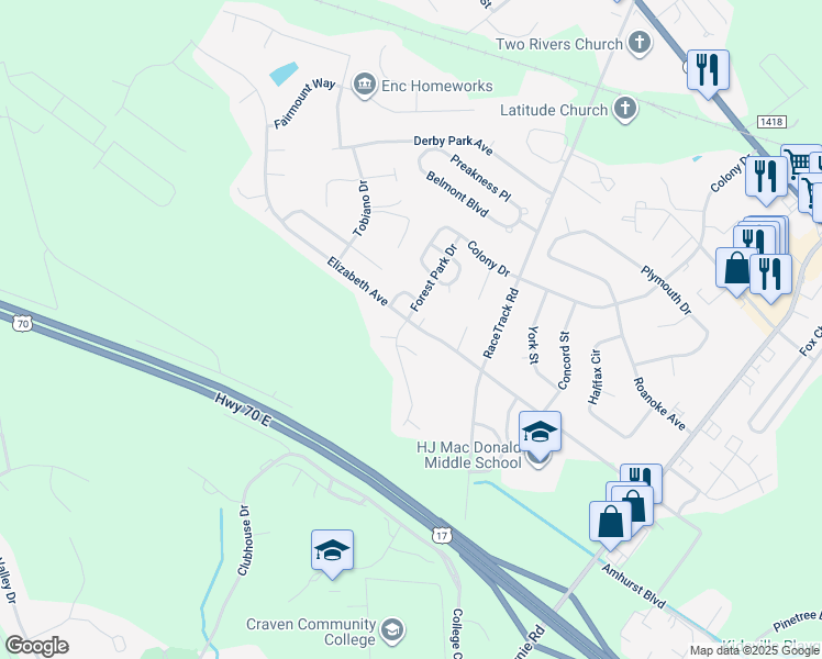 map of restaurants, bars, coffee shops, grocery stores, and more near 3423 Elizabeth Avenue in New Bern