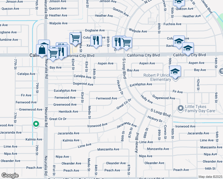 map of restaurants, bars, coffee shops, grocery stores, and more near 8525 Eucalyptus Avenue in California City