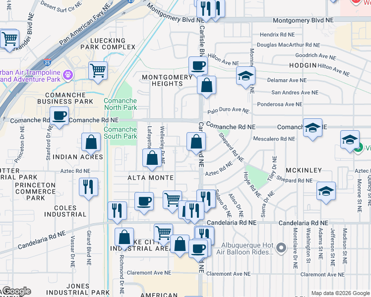 map of restaurants, bars, coffee shops, grocery stores, and more near 3635 Carlisle Boulevard Northeast in Albuquerque