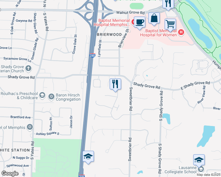 map of restaurants, bars, coffee shops, grocery stores, and more near 319 River Oaks Road North in Memphis