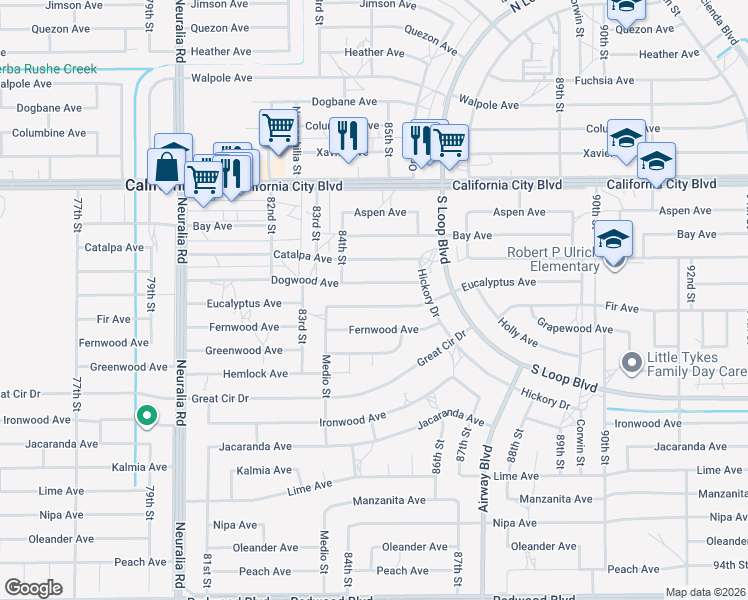map of restaurants, bars, coffee shops, grocery stores, and more near Eucalyptus Avenue in California City