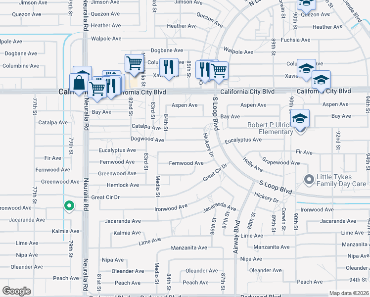 map of restaurants, bars, coffee shops, grocery stores, and more near 8500 Dogwood Avenue in California City