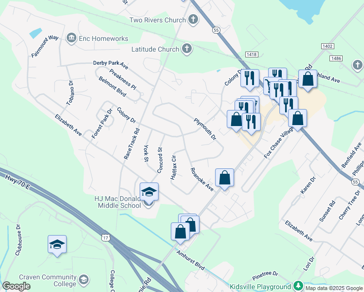 map of restaurants, bars, coffee shops, grocery stores, and more near 2923 Roanoke Avenue in New Bern