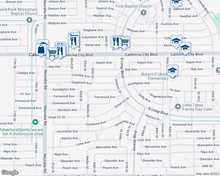 map of restaurants, bars, coffee shops, grocery stores, and more near 8525 Eucalyptus Avenue in California City