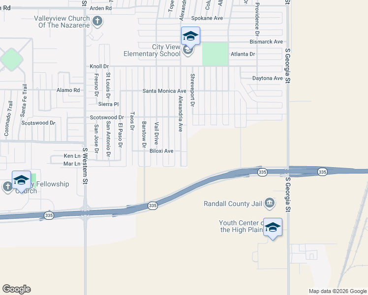 map of restaurants, bars, coffee shops, grocery stores, and more near 8402 Alexandria Avenue in Amarillo