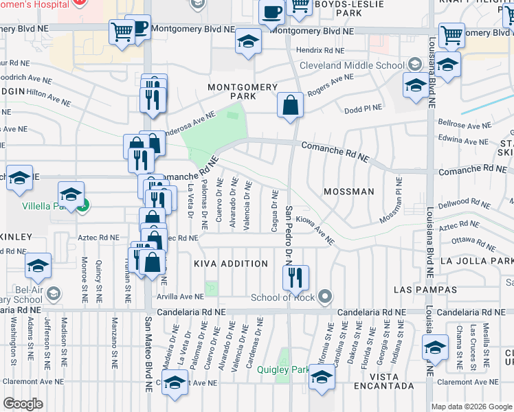 map of restaurants, bars, coffee shops, grocery stores, and more near 3421 Cardenas Drive Northeast in Albuquerque