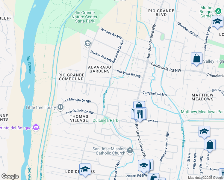 map of restaurants, bars, coffee shops, grocery stores, and more near 2545 Campbell Road Northwest in Albuquerque