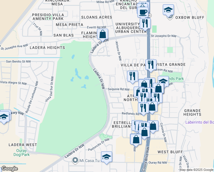 map of restaurants, bars, coffee shops, grocery stores, and more near 3608 Ladera Drive Northwest in Albuquerque