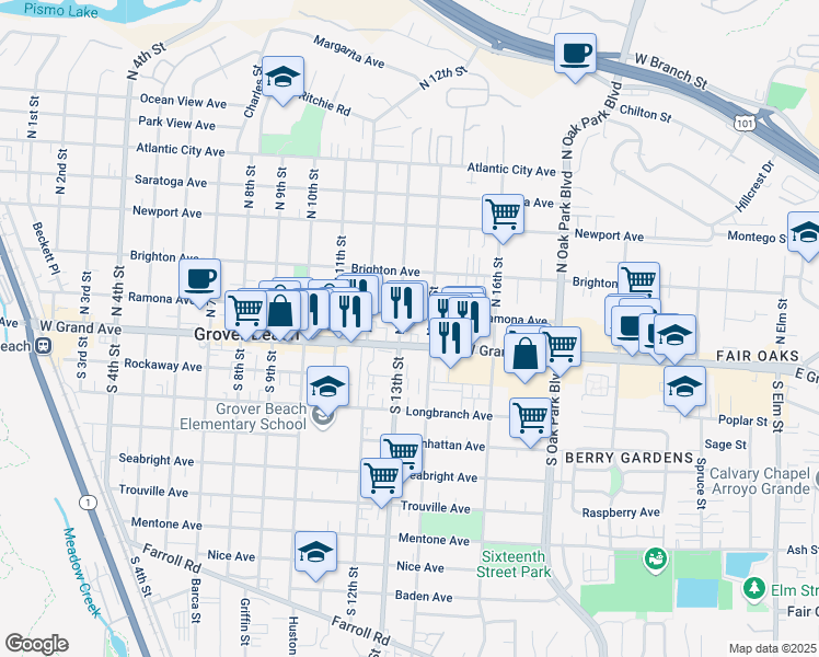 map of restaurants, bars, coffee shops, grocery stores, and more near 224 North 13th Street in Grover Beach