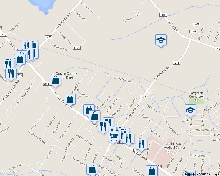map of restaurants, bars, coffee shops, grocery stores, and more near 118 Sweetbriar Court in New Bern