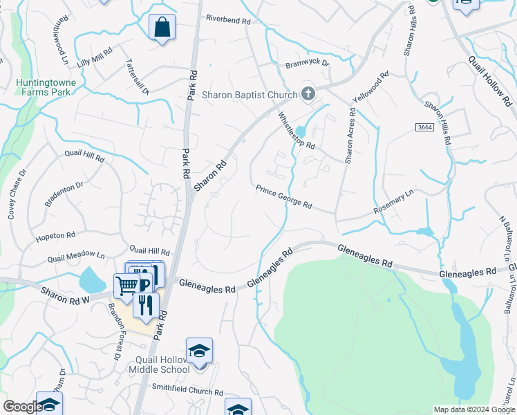 map of restaurants, bars, coffee shops, grocery stores, and more near 8201 Bar Harbor Lane in Charlotte