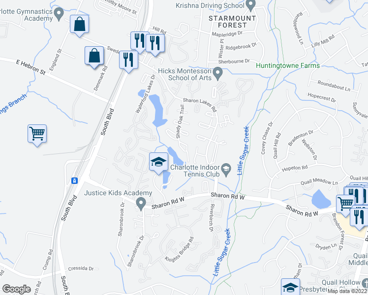 map of restaurants, bars, coffee shops, grocery stores, and more near 7989 Shady Oak Trail in Charlotte
