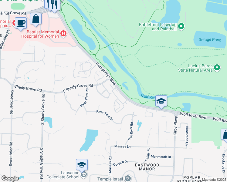 map of restaurants, bars, coffee shops, grocery stores, and more near 976 Village Oak Cove in Memphis