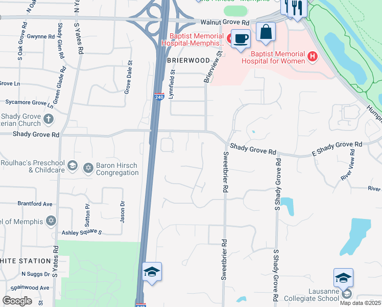 map of restaurants, bars, coffee shops, grocery stores, and more near 319 River Oaks Road North in Memphis