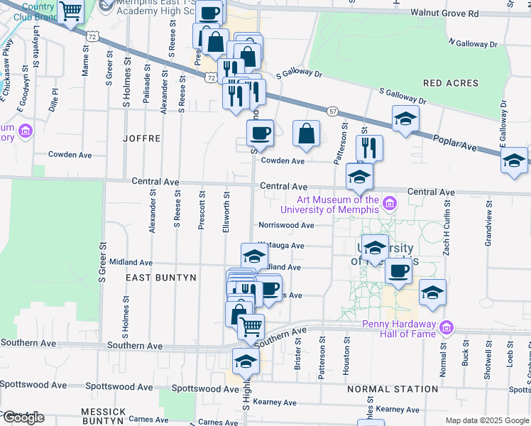 map of restaurants, bars, coffee shops, grocery stores, and more near 314 South Highland Street in Memphis