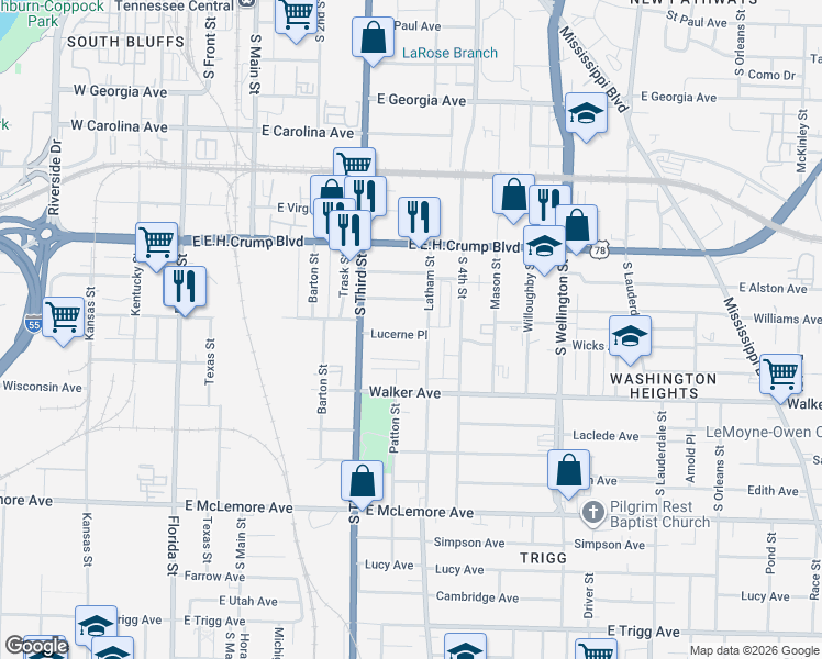 map of restaurants, bars, coffee shops, grocery stores, and more near 285 Maryland Avenue in Memphis