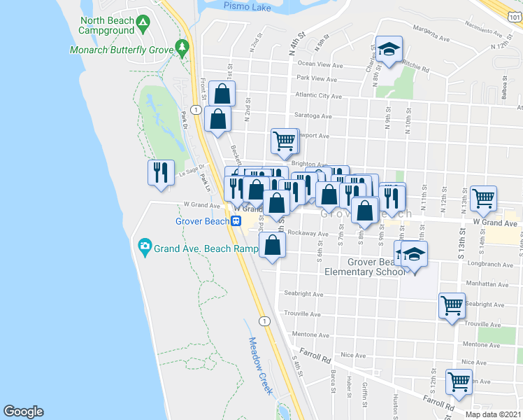 map of restaurants, bars, coffee shops, grocery stores, and more near West Grand Avenue & South 3rd Street in Grover Beach