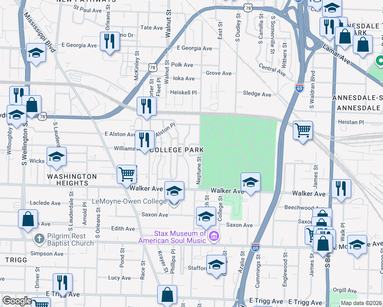map of restaurants, bars, coffee shops, grocery stores, and more near 893 Neptune Street in Memphis