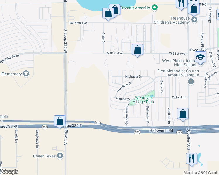 map of restaurants, bars, coffee shops, grocery stores, and more near 8010 Manor Haven Court in Amarillo