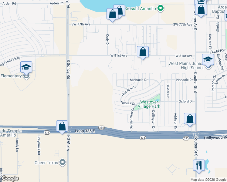 map of restaurants, bars, coffee shops, grocery stores, and more near 8010 Manor Haven Court in Amarillo