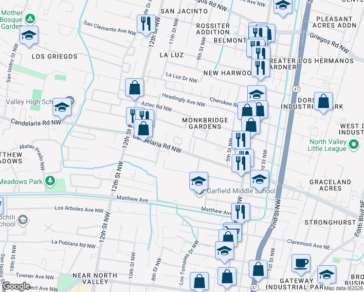 map of restaurants, bars, coffee shops, grocery stores, and more near 3739 Candelarias Lane in Albuquerque