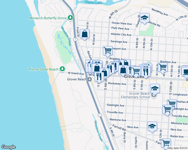 map of restaurants, bars, coffee shops, grocery stores, and more near 212 West Grand Avenue in Grover Beach