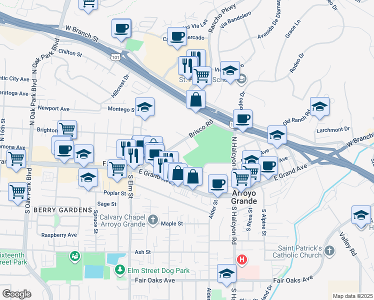 map of restaurants, bars, coffee shops, grocery stores, and more near 196 Brisco Road in Arroyo Grande