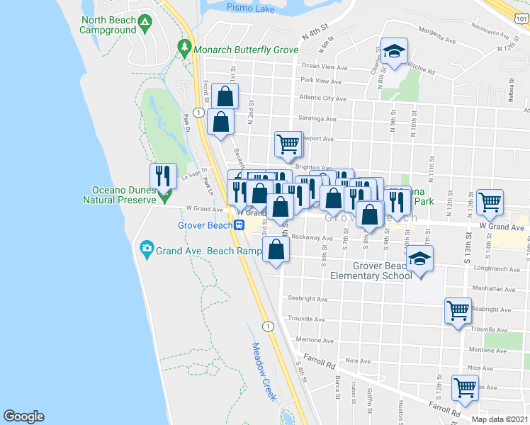 map of restaurants, bars, coffee shops, grocery stores, and more near West Grand Avenue & North 3rd Street in Grover Beach