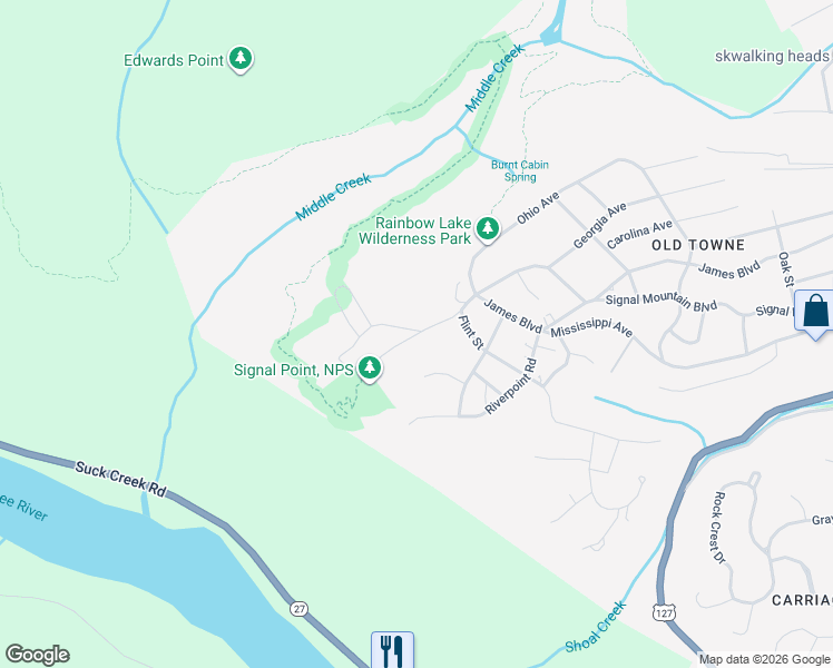 map of restaurants, bars, coffee shops, grocery stores, and more near Signal Point Road in Signal Mountain