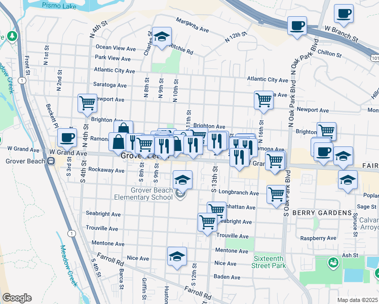 map of restaurants, bars, coffee shops, grocery stores, and more near 2 North 11th Street in Grover Beach