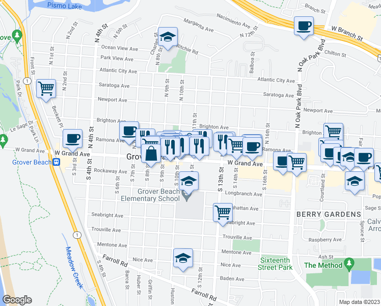 map of restaurants, bars, coffee shops, grocery stores, and more near 143 North 11th Street in Grover Beach
