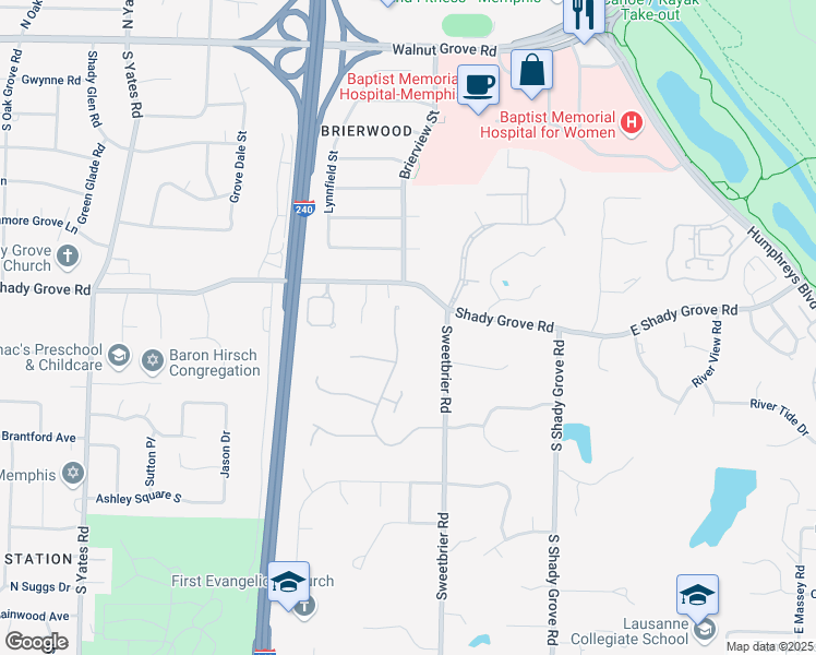 map of restaurants, bars, coffee shops, grocery stores, and more near 320 River Oaks Road North in Memphis