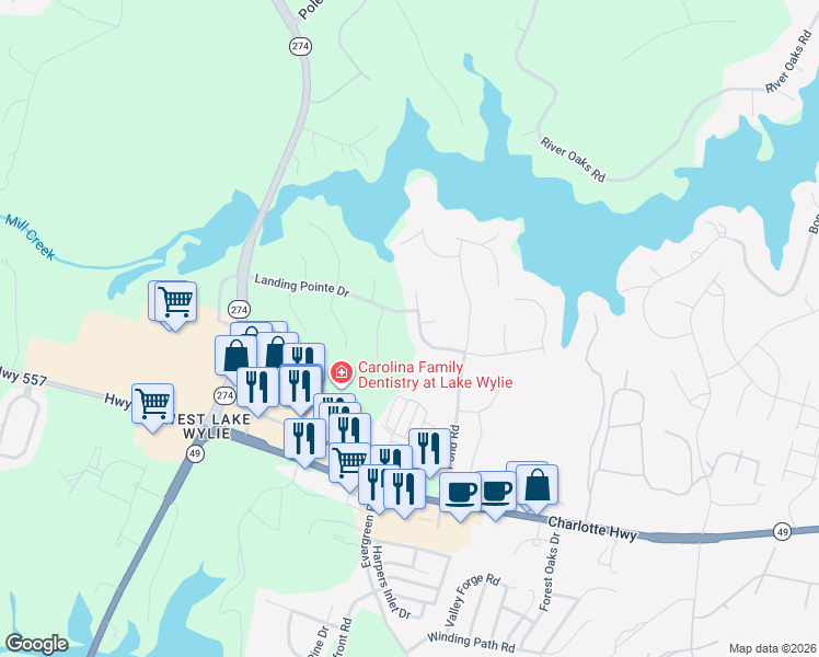 map of restaurants, bars, coffee shops, grocery stores, and more near 3101 Shady Knoll Court in Lake Wylie