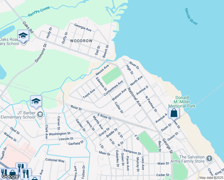 map of restaurants, bars, coffee shops, grocery stores, and more near 524 Ruth Avenue in New Bern