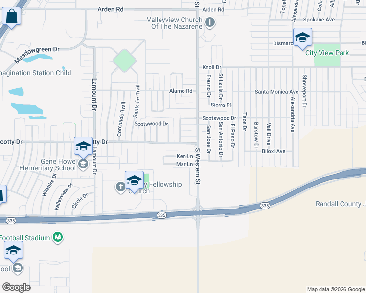 map of restaurants, bars, coffee shops, grocery stores, and more near 4204 Scotty Drive in Amarillo