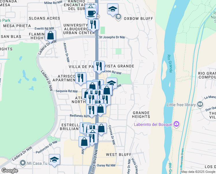 map of restaurants, bars, coffee shops, grocery stores, and more near 3613 Yucca Drive Northwest in Albuquerque