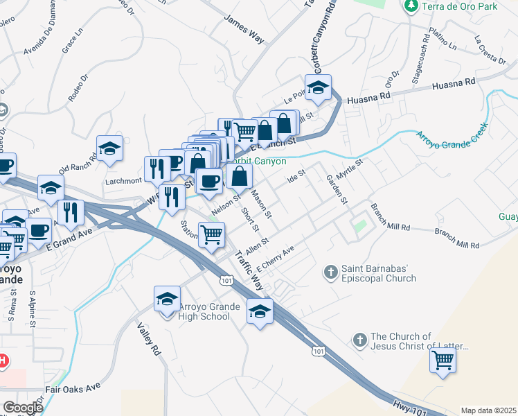 map of restaurants, bars, coffee shops, grocery stores, and more near 219 South Mason Street in Arroyo Grande